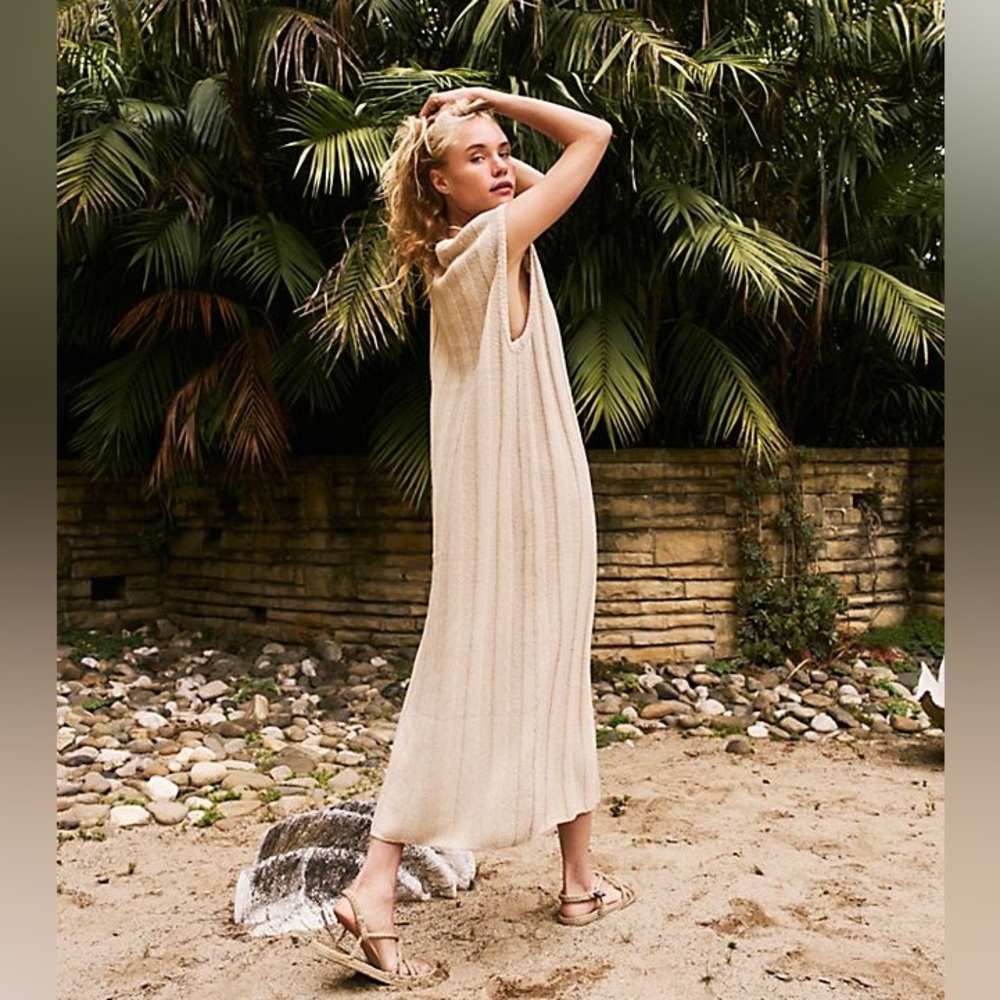 Camel / Tan Wide Ribbed Sweater Tank Midi / Maxi Dress - Picture 2 of 12